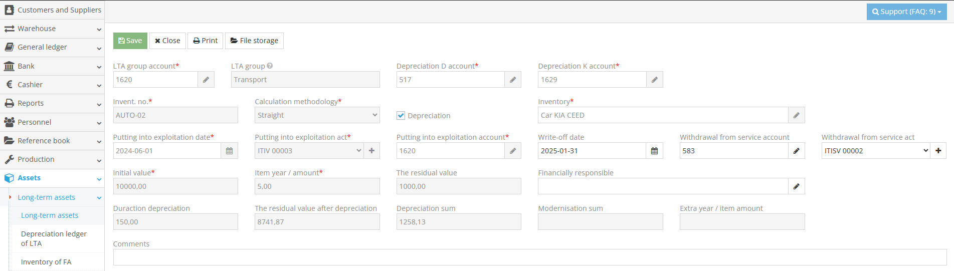 Entering long-term asset into the system